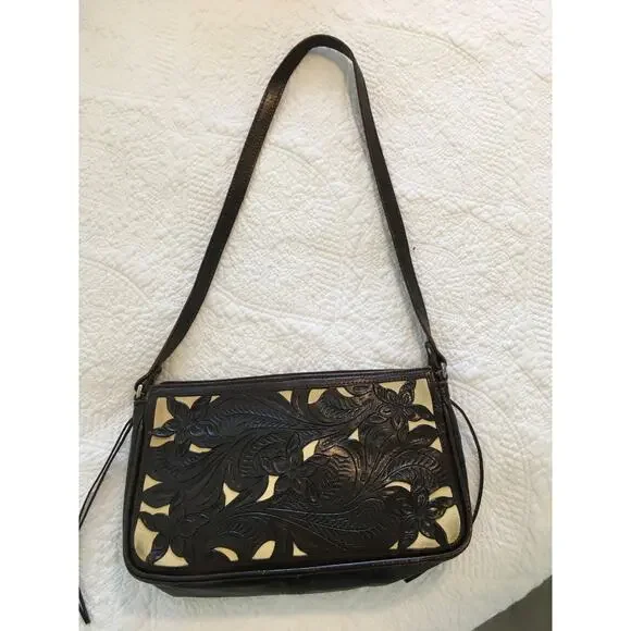 American West Dark Brown Tooled Leather Western Shoulder bag / Purse - Picture 2 of 9